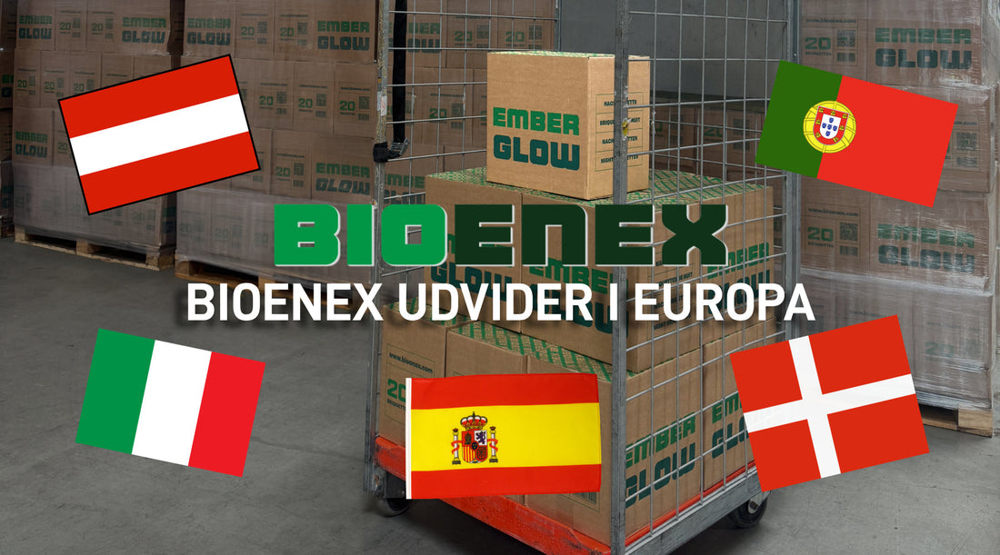 BIOENEX europæisk ekspansionsbanner: Rullecontainer med EmberGlow træbriketter på lageret omgivet af flag fra Østrig, Danmark, Italien, Spanien og Portugal med teksten „BIOENEX Udvider i Europa“